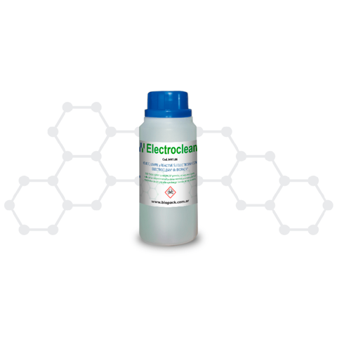 Botella de 250 mL de ELECTROCLEAN® de BIOPACK con tapa azul para reactivo electroquímico