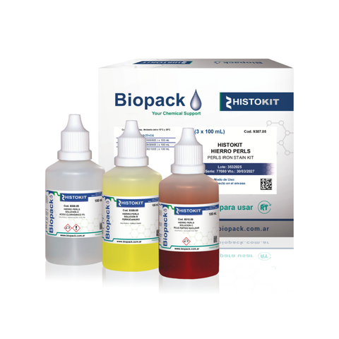 Kit HISTOKIT Hierro-Perls con tres frascos de soluciones químicas para tinción de hierro y caja de presentación de Biopack