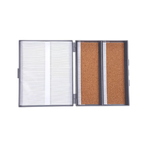 Archivo plástico abierto para 100 portaobjetos con divisores numerados y base de corcho