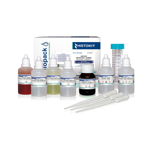 Kit HISTOKIT Reticulina Gomori con frascos de reactivos y pipetas para tinciones histológicas