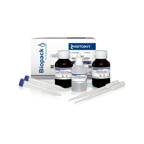 Kit HISTOKIT Rojo Congo de Biopack con tres frascos de soluciones químicas y tubos de ensayo para tinciones histológicas