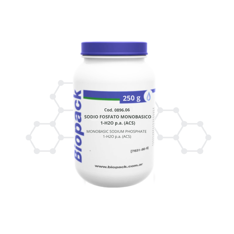 Envase blanco de Sodio Fosfato Monobásico 1-H2O de 250 gramos de la marca Biopack