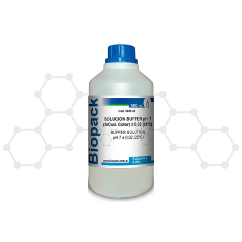 Botella de 500 ml de solución buffer pH 7 de la marca Biopack con tapa azul