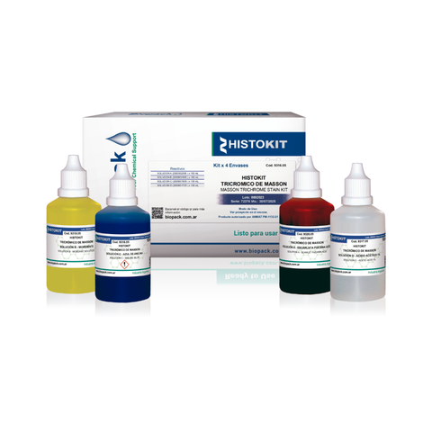 Kit Histokit Tricrómico de Masson con cuatro frascos de soluciones coloridas y caja blanca con etiqueta azul y verde