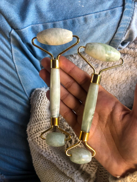 Roller o rodillo doble de piedra natural Jade para masajes faciales. Tamaño grande.