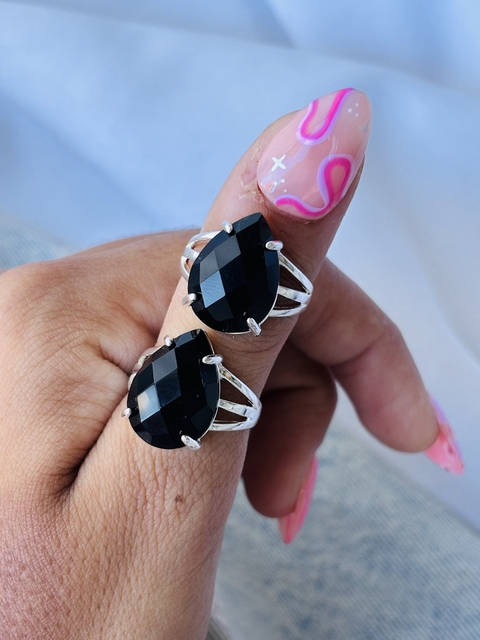 ANILLOS GOTA DE OBSIDIANA FACETADAS CON BAÑO DE PLATA X2 U. - comprar online