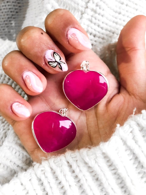 Dijes de agata rosa en forma de corazon con virola de plata Piedras Namaste