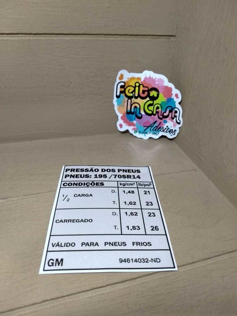 Adesivo Pressão dos Pneus Aro14 GM Chevrolet