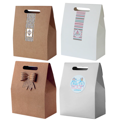 25 Caixas Modelo Sacolinha Tamanho G. Brancas/Kraft com Laço/Etiquetas Adesivas Personalizadas 8x14x19cm (CX033) - comprar online