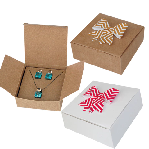 25 Caixas para Conjunto Colar + Brincos Brancas/Kraft com Laço 9x9x3,5cm (CX024) - comprar online