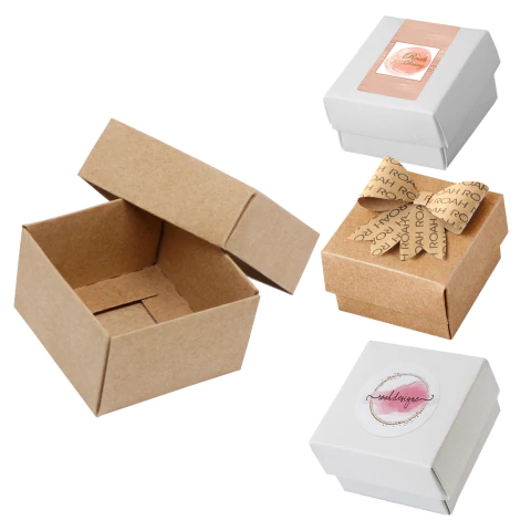 25 Caixas com Tampa Brancas/Kraft com Laço/Etiquetas Adesivas Personalizadas 6x6x4cm (CX048) - comprar online
