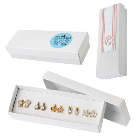 25 Caixas com Tampa para 5 Brincos Brancas com Etiquetas Adesivas Personalizadas 15x5x3cm (CX056) - comprar online