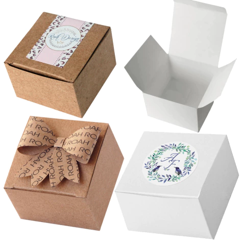25 Caixas Brancas/Kraft com Laço/Etiquetas Adesivas Personalizadas 6x6x4cm (CX004) - comprar online