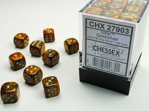 Chessex - Glitter - 12mm d6 - Gold/silver (36 Dice)