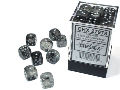 Chessex - Borealis Luminary - 12mm d6 - Light Smoke/silver (36 Dice)