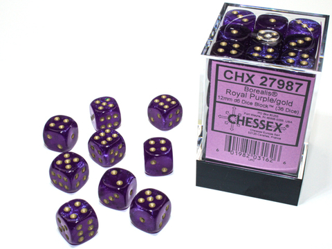 Chessex - Borealis Luminary - 12mm d6 - Royal Purple/gold (36 Dice)