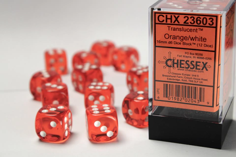 Chessex - Translucent - 16mm d6 - Orange/white (12 Dice)