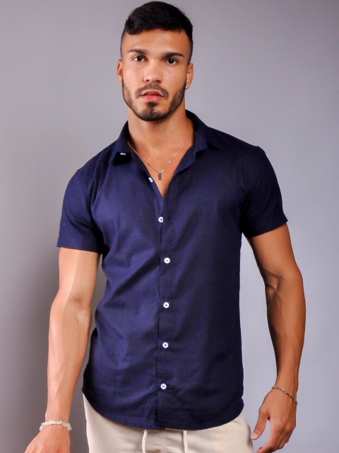 CAMISA DE BOTÃO LINHO - MARINHO - comprar online