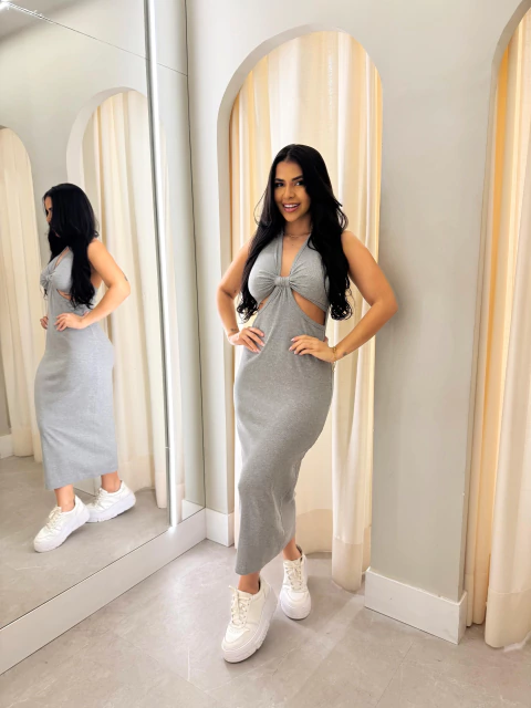 Vestido Canelado Midi Cinza Luana - comprar online