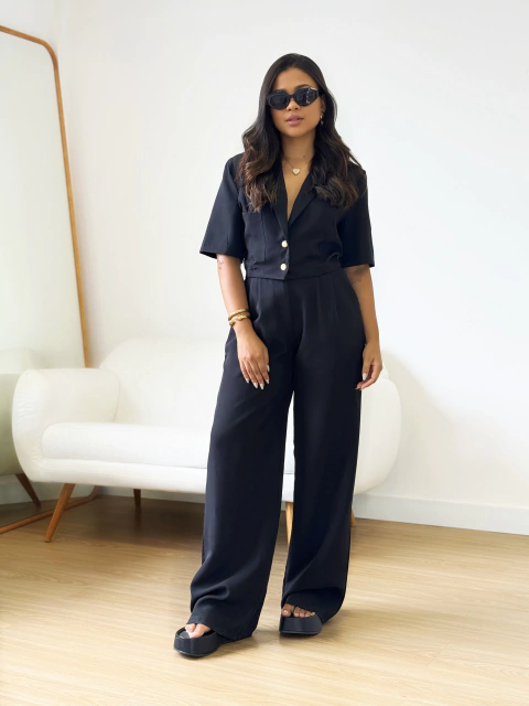 Conjunto Alfaiataria Cropped Calça Preto Paula - Donna Fashionista - AmoDF