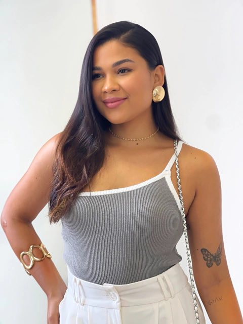 Blusa Ombro Só Cinza/Branco Lud - comprar online