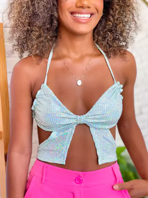 Cropped Paetê Borboleta Verde