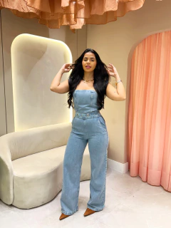 Macacão jeans longo sem alças Geisa - Donna Fashionista - AmoDF