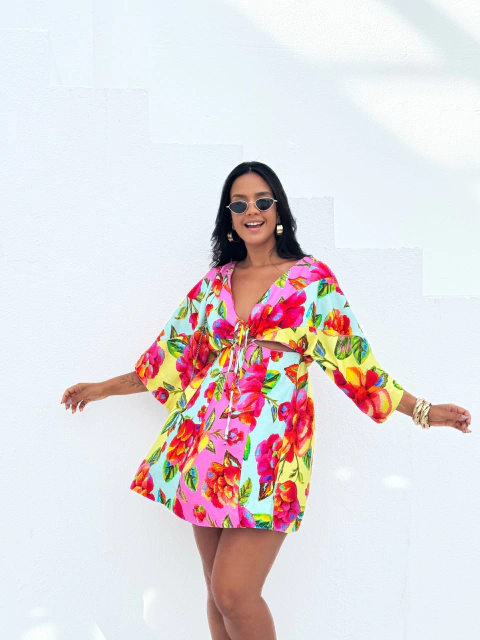 Vestido Curto Patch Flor Céu Farm