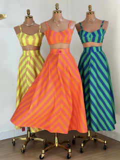 Conjunto Listras Cropped Saia Laranja Rosa Duda - comprar online