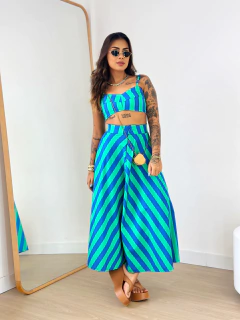 Conjunto Listras Cropped Saia Azul Verde Duda - Donna Fashionista - AmoDF