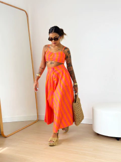 Conjunto Listras Cropped Saia Laranja Rosa Duda na internet