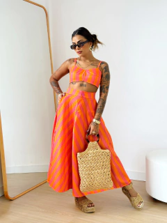 Conjunto Listras Cropped Saia Laranja Rosa Duda - Donna Fashionista - AmoDF