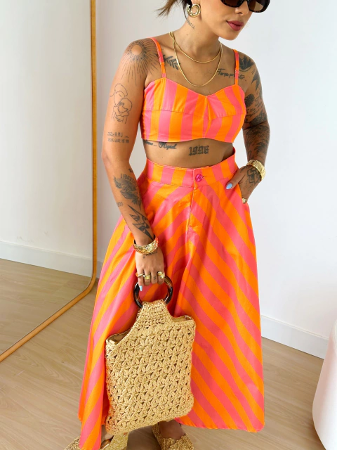 Conjunto Listras Cropped Saia Laranja Rosa Duda