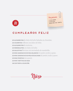 Cumpleaños feliz - 20 pers. / Pequeños Dulces y Salados - Nüss Panadería y Pastelería