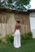 Vestido midi com decote geométrico e saia com transparente | Corina - loja online