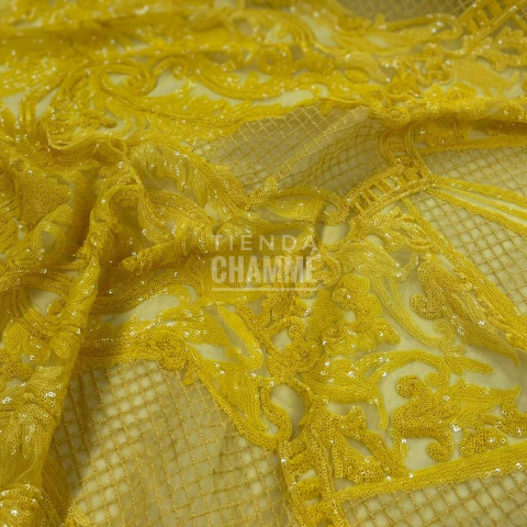 TUL BORDADO CON LENTEJUELAS AMARILLO