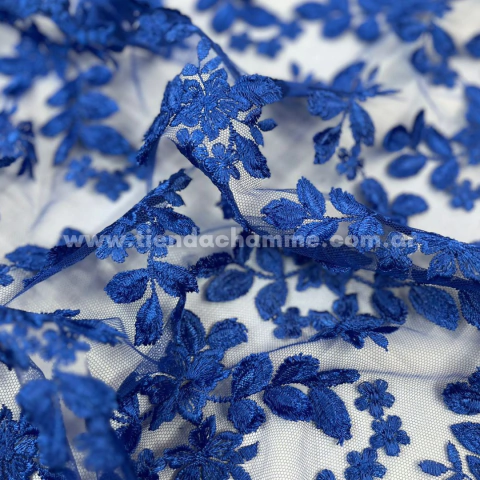 TUL BORDADO 3D FLORES AZUL FRANCIA