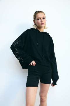 Hoodie Crop Flower Negro