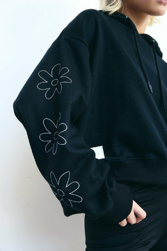 Hoodie Crop Flower Negro