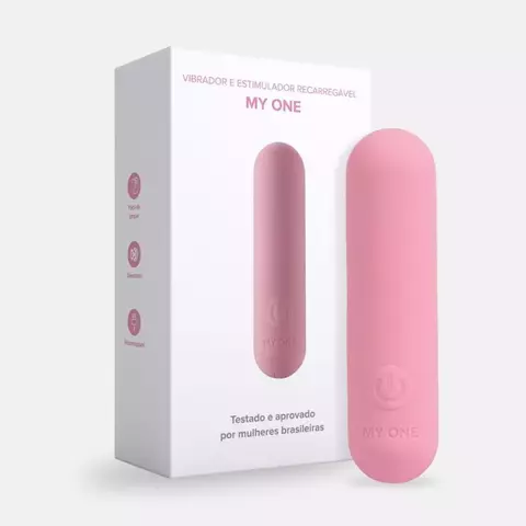 Vibrador Bullet My One em embalagem, cor rosa, com destaque para características como silencioso e recarregável.