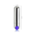 Vibrador bullet recarregável Noa, com design prateado e botão roxo, medindo 7,5 cm de altura e 1,8 cm de diâmetro.