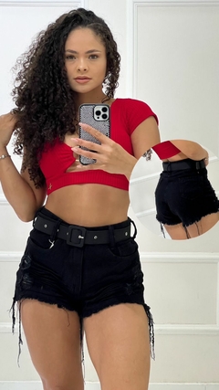 SHORT HOT JEANS BARRA DESFIADA PRETO C/ CINTO