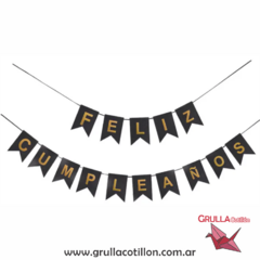 BANDERIN FELIZ CUMPLEAÑOS NEGRO Y DORADO