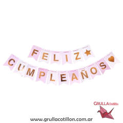 BANDERIN FELIZ CUMPLEAÑOS PATRONES ROSA