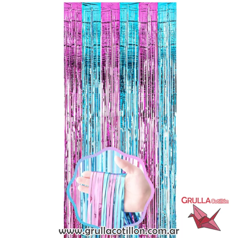 CORTINA METALIZADA COMBINADA CELESTE Y ROSA - comprar online