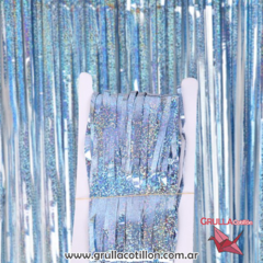 CORTINA METALIZADA CELESTE HOLOGRAFICA