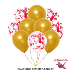 SET GLOBOS CONFETTI ROJO Y PERLADO DORADO x10