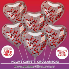 GLOBOS CORAZON CRISTAL CON CONFETTI ROJO x6