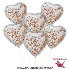 GLOBOS CORAZON CRISTAL CON CONFETTI ROSE GOLD x6