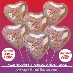 GLOBOS CORAZON CRISTAL CON CONFETTI ROSE GOLD x6 - comprar online